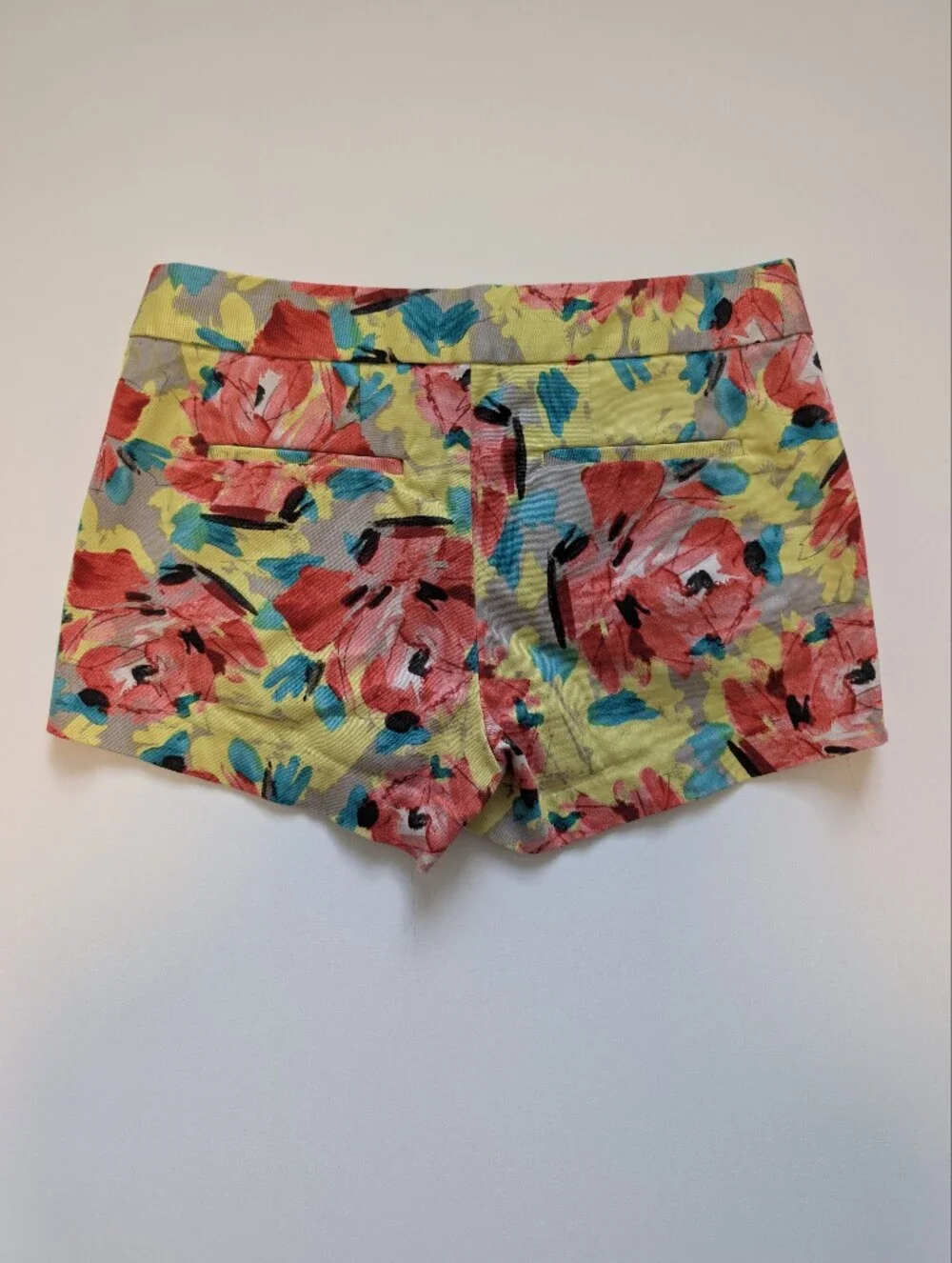 J. Crew Yellow Floral High Waist Shorts with Red and Teal Accents